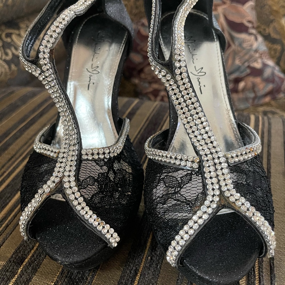 Black 4 inch heels with lace and crystals